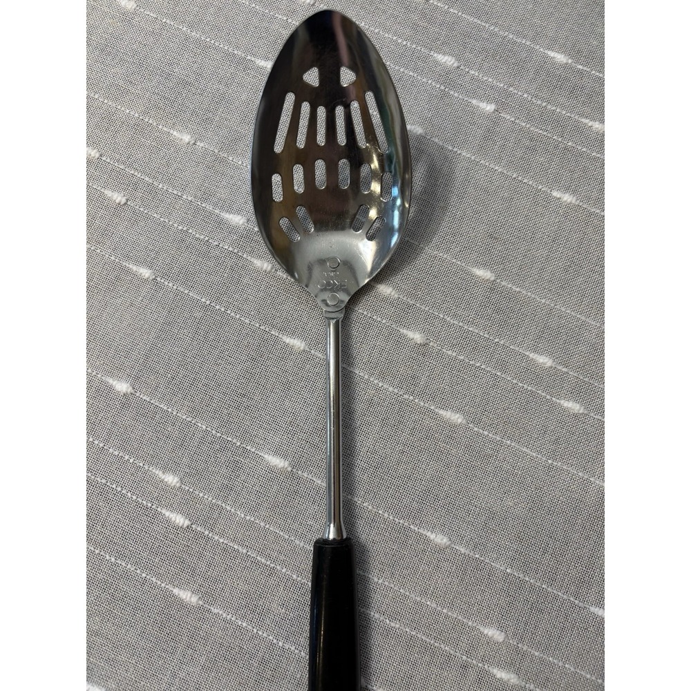 Ekco Slotted Spoon Utensil Large 12" Chromium Black Handled Metal 1970s Vtg